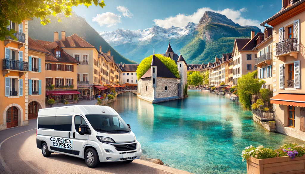 Courchevel Express minivan by a canal in Annecy
